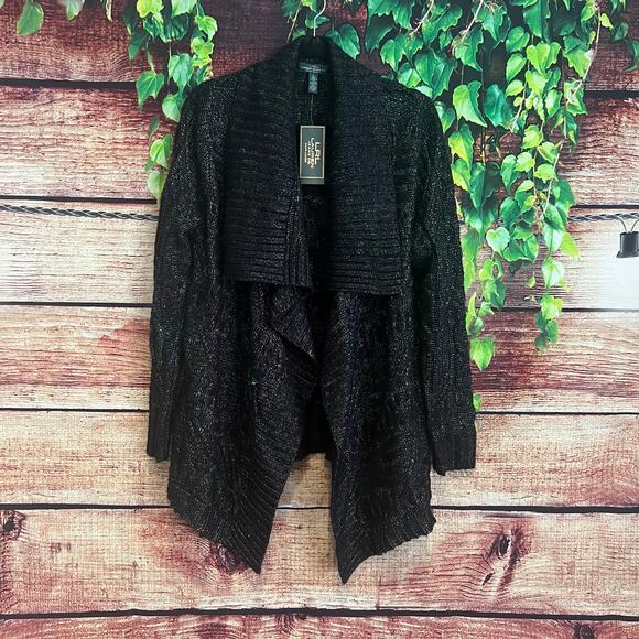 Lauren Ralph Lauren Cable Knit Cardigan Large Wool Sweater Black Lapel Open Frnt - Picture 1 of 5